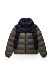 Polstret hættejakke med to-farvet design i mørk navy og olivengrøn, lynlåslukning og elastiske manchetter for varme.