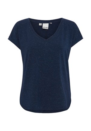 Navy blauwe t-shirt van textuurstof, met een V-hals, korte mouwen en een losse pasvorm met een licht gebogen zoom.