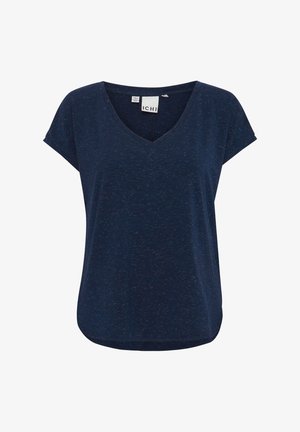 T-shirt blu navy realizzato in tessuto testurizzato, con scollatura a V, maniche corte e vestibilità ampia con orlo leggermente curvo.