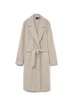 Lys beige ullblandet kåpe med hakket krage, åpen front, to sidelommer og et stoffbelte knyttet i livet.