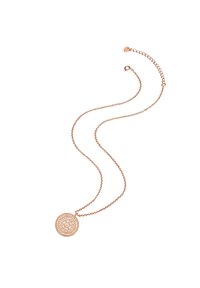 Collier en or rose avec un pendentif circulaire présentant des détails complexes et une surface texturée, suspendu à une chaîne délicate.