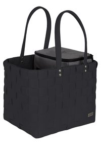 Black woven storage basket with two handles, featuring a gray insulated insert with a zippered top. Textured plastic material with a square shape.