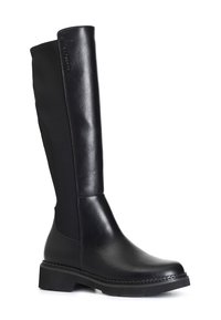 Botas negras hasta la rodilla, hechas de cuero y material sintético, con una textura suave, punta redondeada y un tacón grueso con detalles de costura.