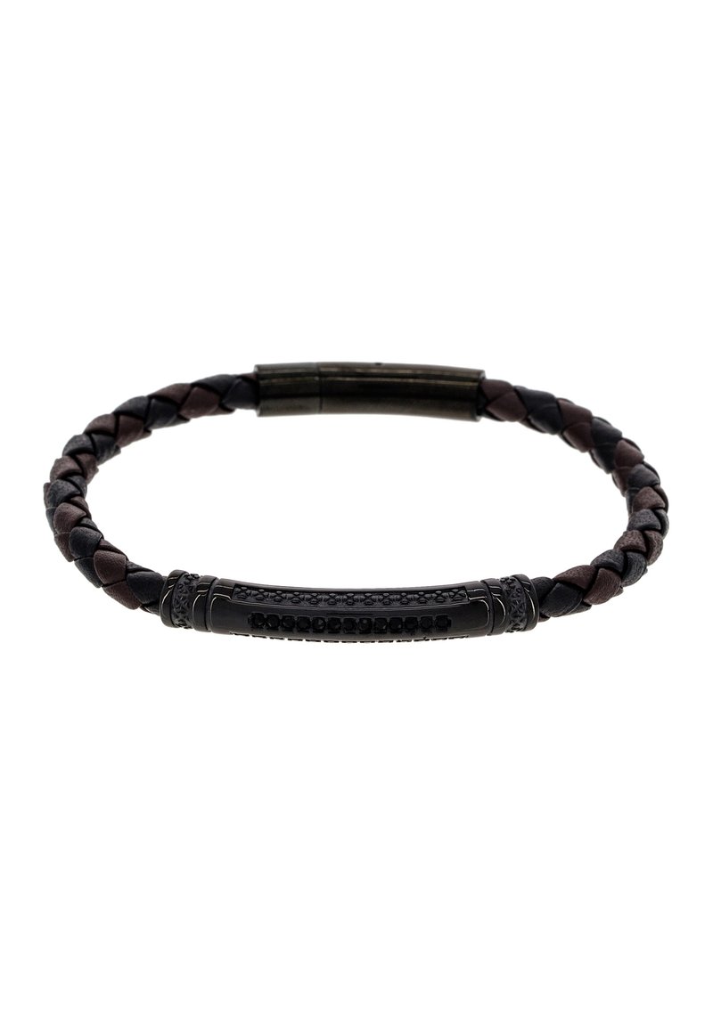 Leather bracelet featuring braided black and brown strands, with a sleek black clasp and decorative accents along a central bar.