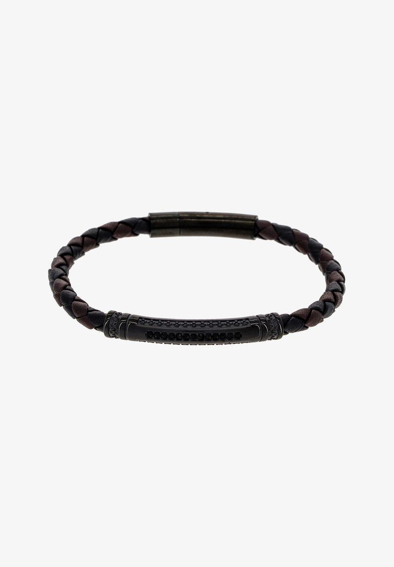 Leather bracelet featuring braided black and brown strands, with a sleek black clasp and decorative accents along a central bar.