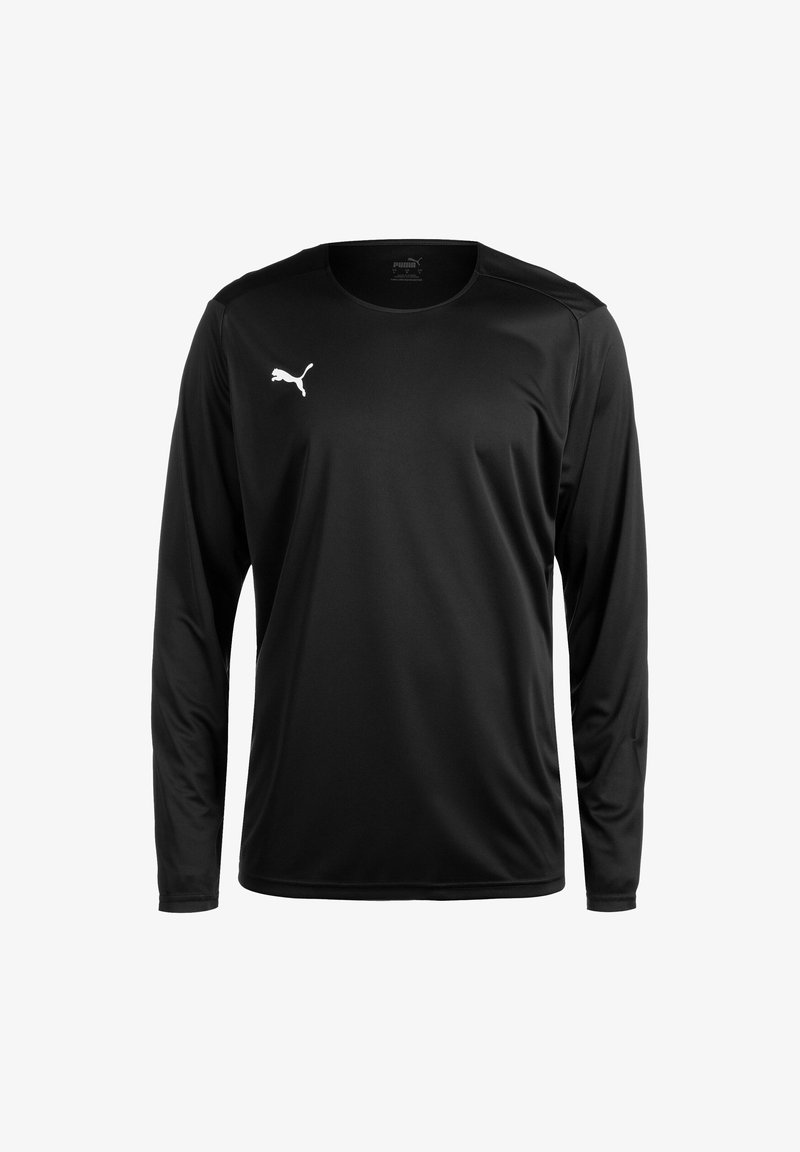 Sort sportsbluse med lange ærmer og rund hals samt et lille hvidt Puma-logo på venstre bryst.