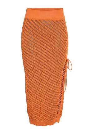 Strickmidikleid in Orange mit einem diagonalen offenen Strickmuster, geripptem Taillenbund und einem seitlichen Bindeband für eine verstellbare Passform.