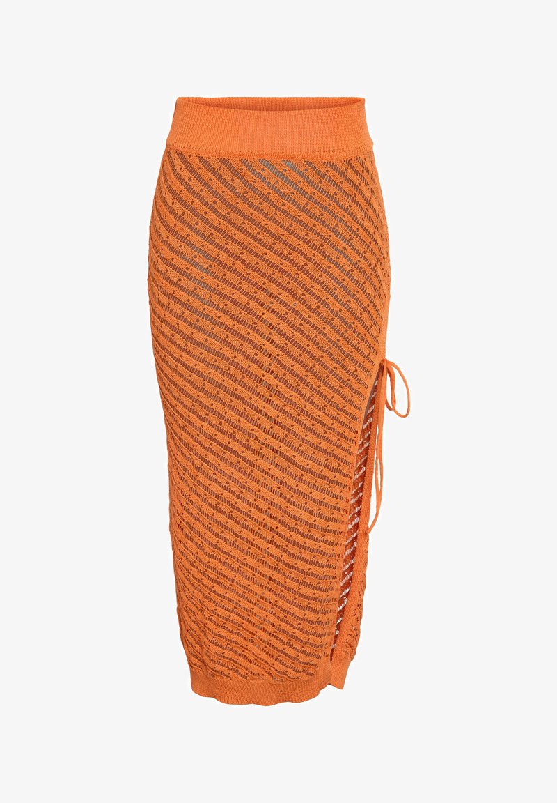 Strickmidikleid in Orange mit einem diagonalen offenen Strickmuster, geripptem Taillenbund und einem seitlichen Bindeband für eine verstellbare Passform.