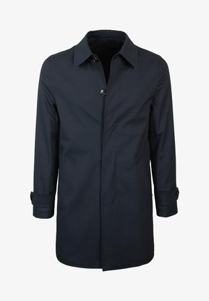 Cappotto blu navy, di lunghezza media, realizzato in tessuto morbido. Presenta una chiusura a bottoni, due tasche laterali e polsini regolabili. Design semplice e funzionale.