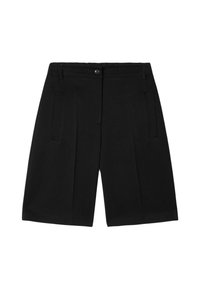 Svarta skräddarsydda shorts med en jämn midjeband, två framveck och sidofickor. Tillverkade av strukturerat tyg med en ren finish.