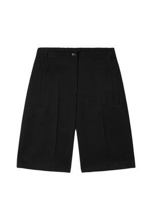 Czarne, dopasowane szorty z płaskim pasem, dwoma plisami z przodu i bocznymi kieszeniami. Wykonane z usztywnionego materiału o gładkim wykończeniu.