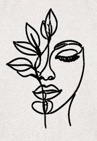 Contorno nero ricamato di un volto con occhi chiusi e labbra, intrecciato con una pianta con foglie allungate, su sfondo grigio chiaro.