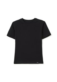 Camiseta de algodón negra con mangas cortas, cuello redondo y dobladillo recto. Presenta una pequeña etiqueta con el logo en la parte inferior izquierda.