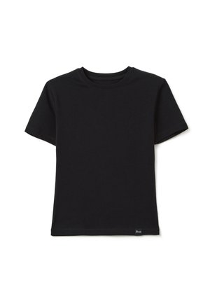 T-shirt nero in cotone con maniche corte, collo rotondo e orlo dritto. Presenta un piccolo etichetta con logo in basso a sinistra.