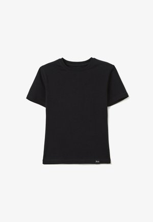 Schwarzes Baumwoll-T-Shirt mit kurzen Ärmeln, Rundhalsausschnitt und geradem Saum. Verfügt über ein kleines Logo-Tag an der unteren linken Seite.