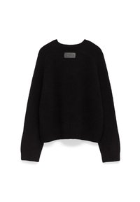 Schwarzer Pullover mit rundem Ausschnitt und langen Ärmeln. Weicher, strukturierter Stoff mit sichtbarem Etikett auf der Rückseite. Verkürztes Design.