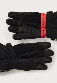 Guantes de Gore-Tex negros con un agarre texturizado, diseño aerodinámico y correas de acento rojas en la muñeca. Puño ajustable para un ajuste seguro.