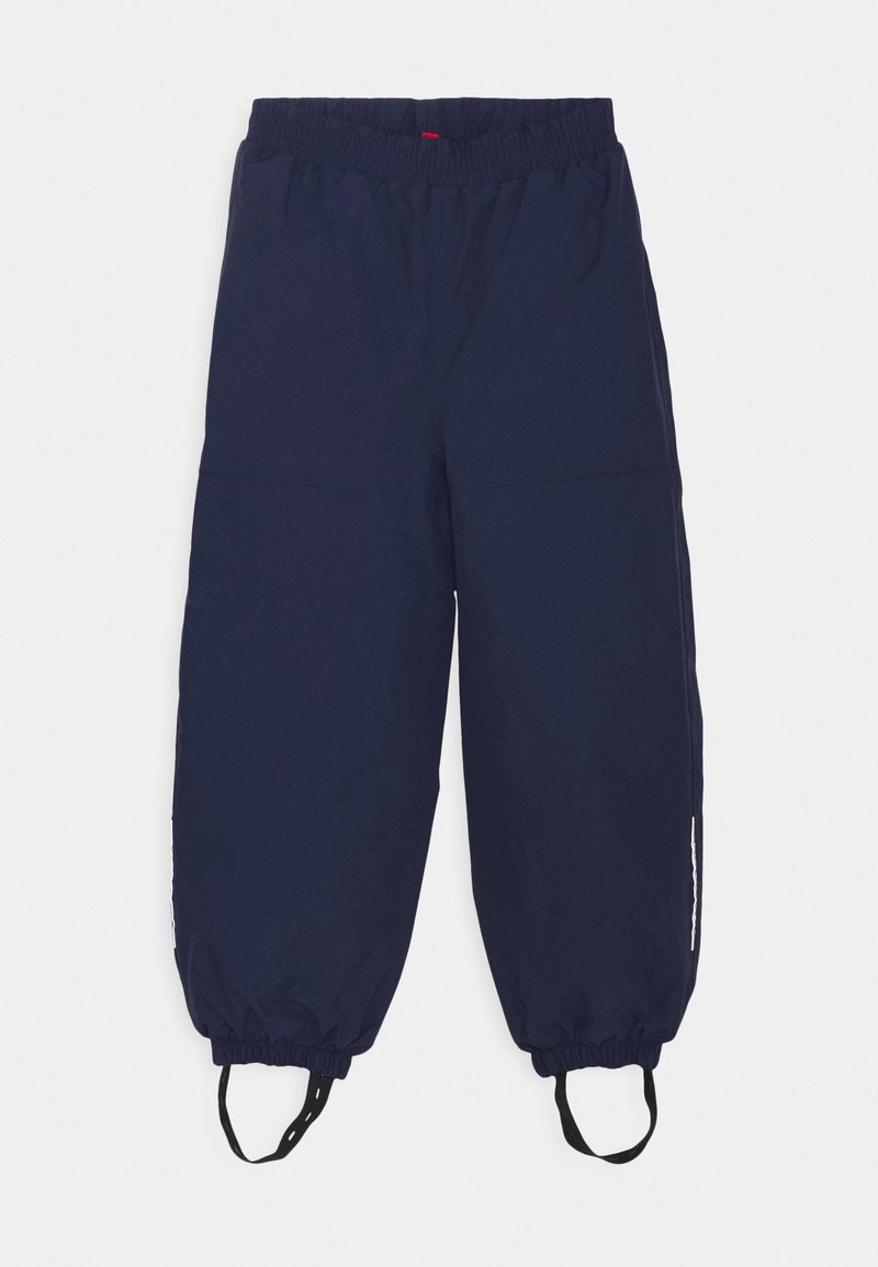 Marineblaue Hosen mit elastischem Bund und elastischen Bündchen sowie schwarzen Fußriemen, entwickelt für sicheren Sitz und Aktivitäten im Freien.