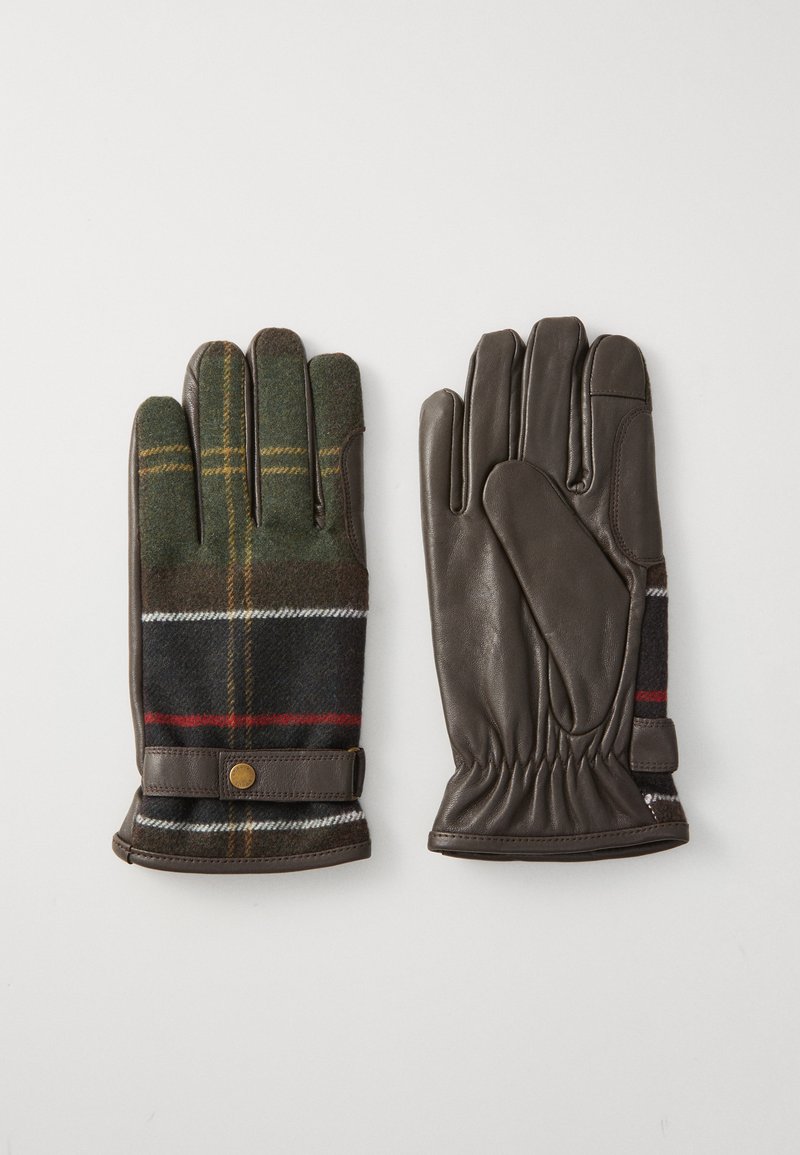 Lederen en wollen handschoenen met een donkerbruine leren palm en een groen geruite bovenkant van wol, versierd met gele, witte en rode accenten. Elastische pols.