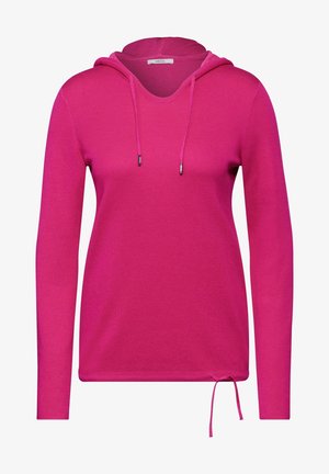 Sweat à capuche rose vif à manches longues avec cordons ajustables au niveau du col et de l'ourlet, avec une petite étiquette à l'intérieur du col.