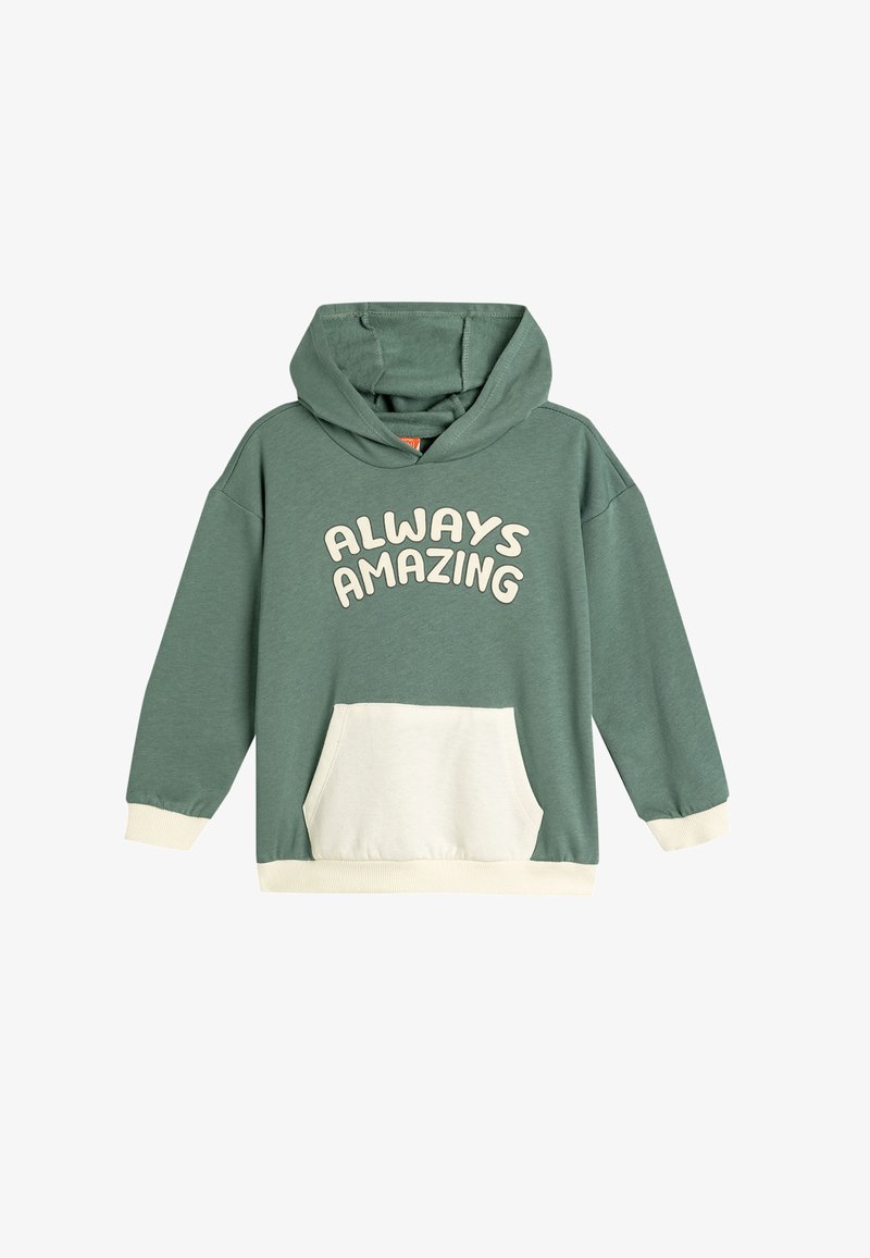 Felpa verde con dettagli bianchi, dotata di una tasca frontale e la scritta "ALWAYS AMAZING" stampata in grandi lettere grasse sul petto.