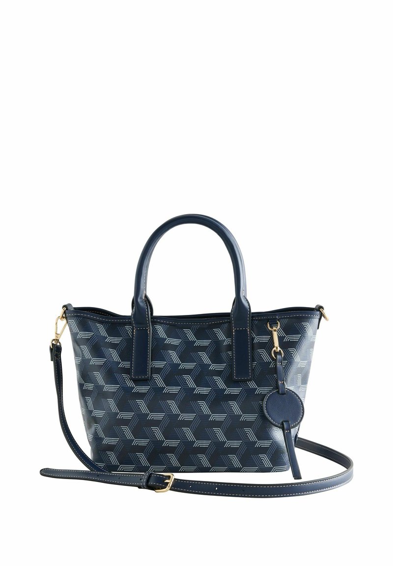 Navy blue handbag made of textured synthetic material, featuring a geometric pattern, dual handles, and a detachable crossbody strap.