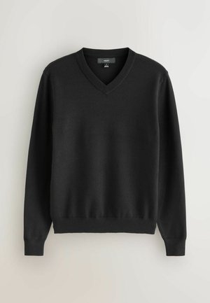 Zwarte v-hals trui van glad, lichtgewicht materiaal. Heeft lange mouwen en ribgebreide manchetten en zoom. Eenvoudig, uniform ontwerp zonder patronen.