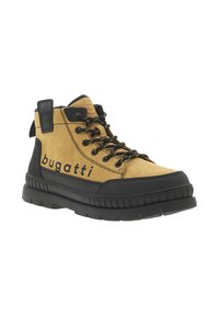 Bottes montantes beige et noires avec une semelle en caoutchouc, dotées d'un col rembourré, d'un devant lacé et du texte "bugatti" sur le côté.