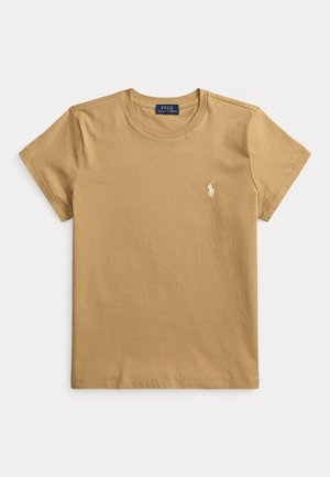 Μπεζ κοντομάνικο T-shirt Polo Ralph Lauren με στρογγυλή λαιμόκοψη και μικρό λευκό κεντητό λογότυπο παίκτη πόλο στο αριστερό στήθος.