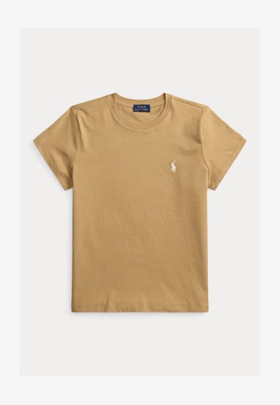 Μπεζ κοντομάνικο T-shirt Polo Ralph Lauren με στρογγυλή λαιμόκοψη και μικρό λευκό κεντητό λογότυπο παίκτη πόλο στο αριστερό στήθος.