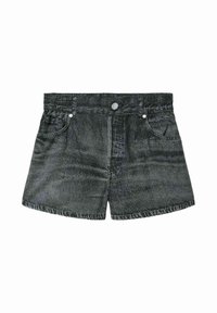 Black denim shorts with elastic waistband, button closure, belt loops, front pockets, and classic five-pocket design.