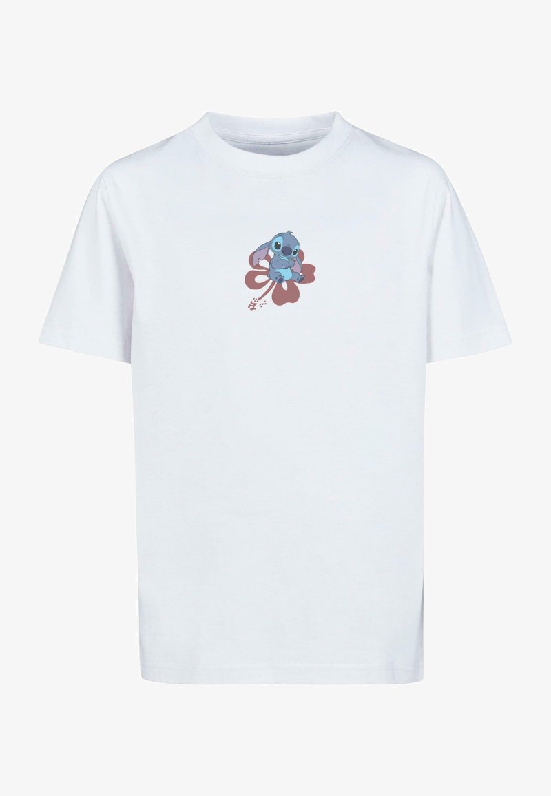 Balta medvilninė marškinėliai su mėlynu animaciniu personažu, sėdinčiu ant raudonos gėlės dizaino, apvaliu iškirpimu ir trumpomis rankovėmis.