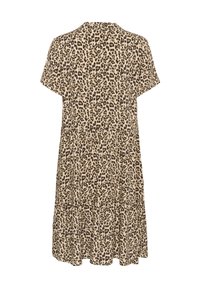Leopardenmuster Kleid in Beige mit Rundhalsausschnitt, kurzen Ärmeln und einem mehrlagigen Rockdesign. Weicher Stoff mit lockerer Passform.