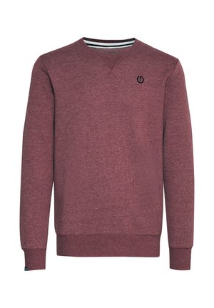 Maroon sweatshirt made of textured yarn, featuring a V-neck, ribbed cuffs and hem, and a subtle logo on the chest.