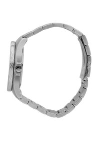 Orologio in acciaio inox argento con cassa tonda, bezzi testurizzato e bracciale a maglie. Presenta una superficie liscia e dettagli lucidi.