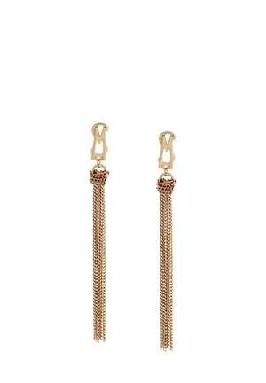Gold-tone earrings featuring a clasp design with cascading chains, knotted detail near the top, and a smooth metallic finish.
