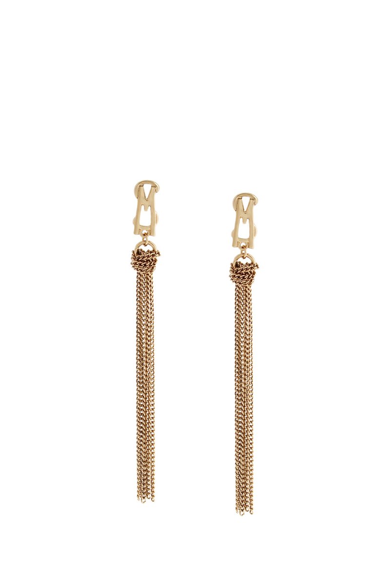 Guldtonede øreringe med en låse design, der har hængende kæder, knyttet detalje nær toppen og en glat metallisk overflade.