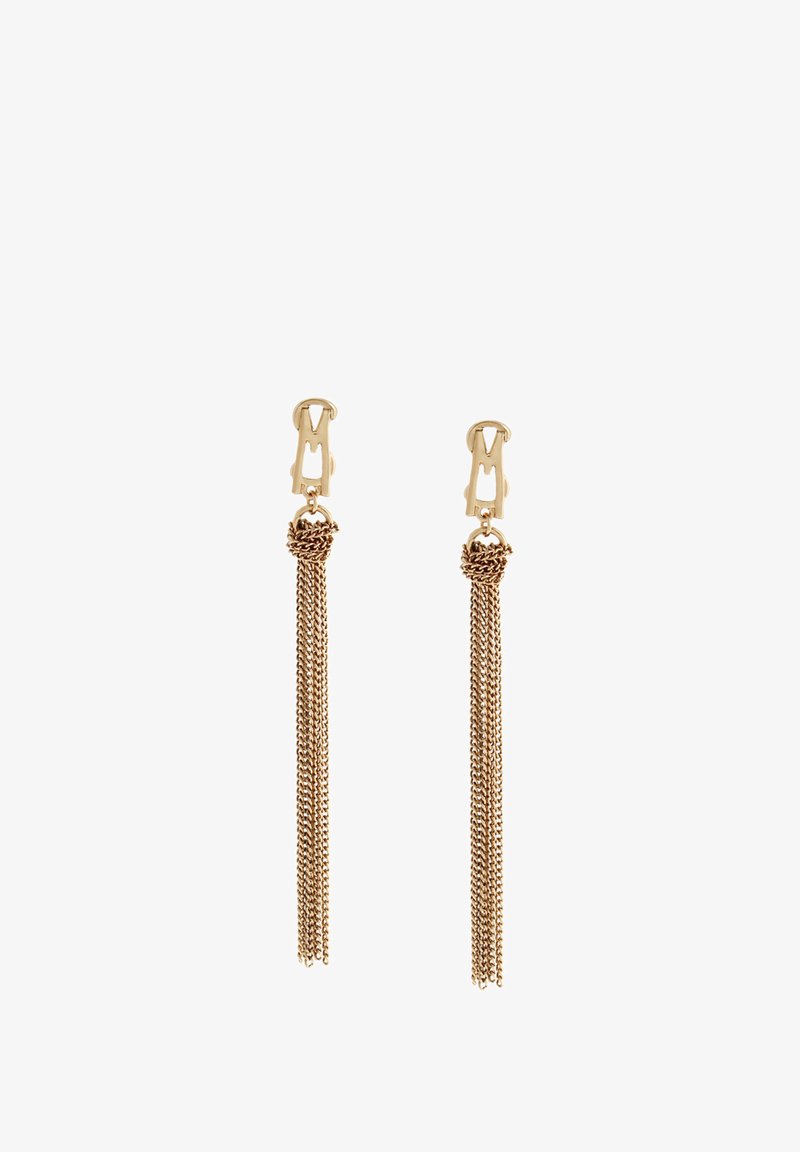 Guldtonede øreringe med en låse design, der har hængende kæder, knyttet detalje nær toppen og en glat metallisk overflade.