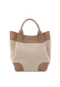 Sac fourre-tout en cuir tan et en shearling beige avec double poignées et coins arrondis, logo de la marque embossé au centre sur le devant.