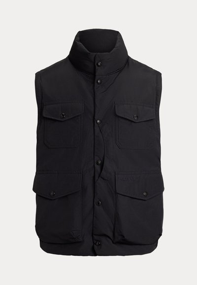 Black puffer vest with high collar, four front pockets, button closure, and stitched detailing. Material exhibits a smooth texture.