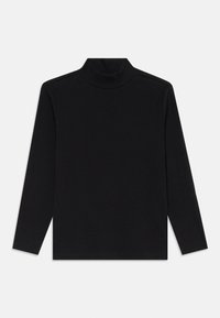 Schwarzes langärmliges Turtleneck-Shirt mit passendem Ausschnitt und geradem Saum, flach auf einem weißen Hintergrund ausgelegt.