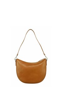 Sacoche en cuir marron avec une texture lisse, un design courbé et une bandoulière ajustable. Dispose d'une fermeture éclair et d'accents en métal.