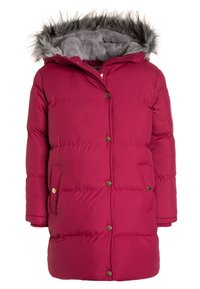 Mørkerød pufferjakke med hætte i kunstpels, lynlås- og trykknaplukning, to forlommer og kviltet design for varme og tekstur.