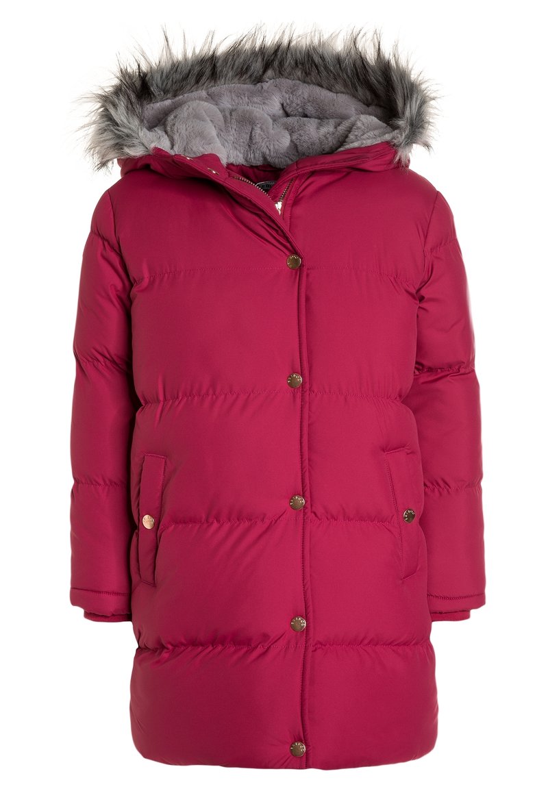 Mørkerød pufferjakke med hætte i kunstpels, lynlås- og trykknaplukning, to forlommer og kviltet design for varme og tekstur.