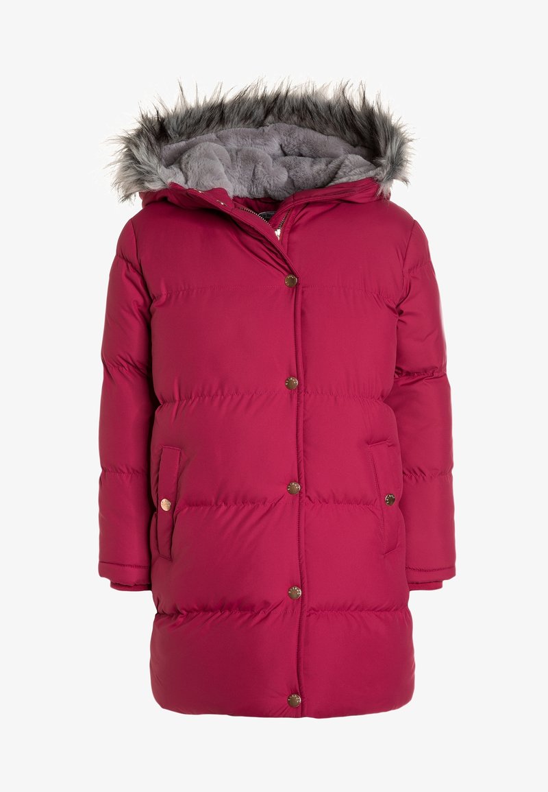 Mørkerød pufferjakke med hætte i kunstpels, lynlås- og trykknaplukning, to forlommer og kviltet design for varme og tekstur.