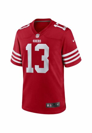 Czerwona koszulka futbolowa NFL San Francisco 49ers z numerem 13 w białym kolorze i białymi paskami na rękawach.