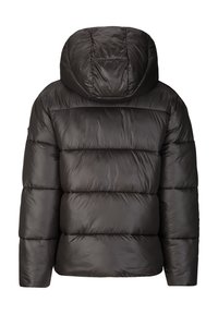 Schwarze Pufferjacke mit Kapuze, die über gesteppten Abschnitte, eine glatte, glänzende Textur und eine taillierte Silhouette ohne sichtbare Beschläge verfügt.