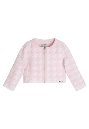 Veste courte en pied-de-poule rose avec fermeture éclair et manches longues. Tissu texturé et petite étiquette logo à l'ourlet.