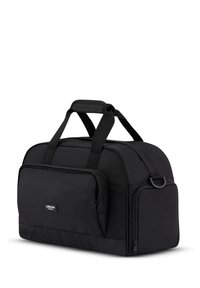 Fekete sporttáska tartós anyagból, fő rekesszel, elülső cipzáras zsebbel és kettős fogantyúval a könnyű szállításhoz.