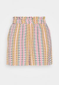 Pantaloni corti a fantasia con vita arricciata, caratterizzati da righe a zigzag in rosa, giallo, turchese e nero. Tessuto leggero, vestibilità comoda.